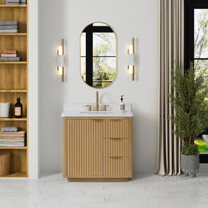 Open image in slideshow, Cádiz 36in. Free-standing Single Bathroom Vanity in Washed Ash Grey with Composite top in Lightning White

