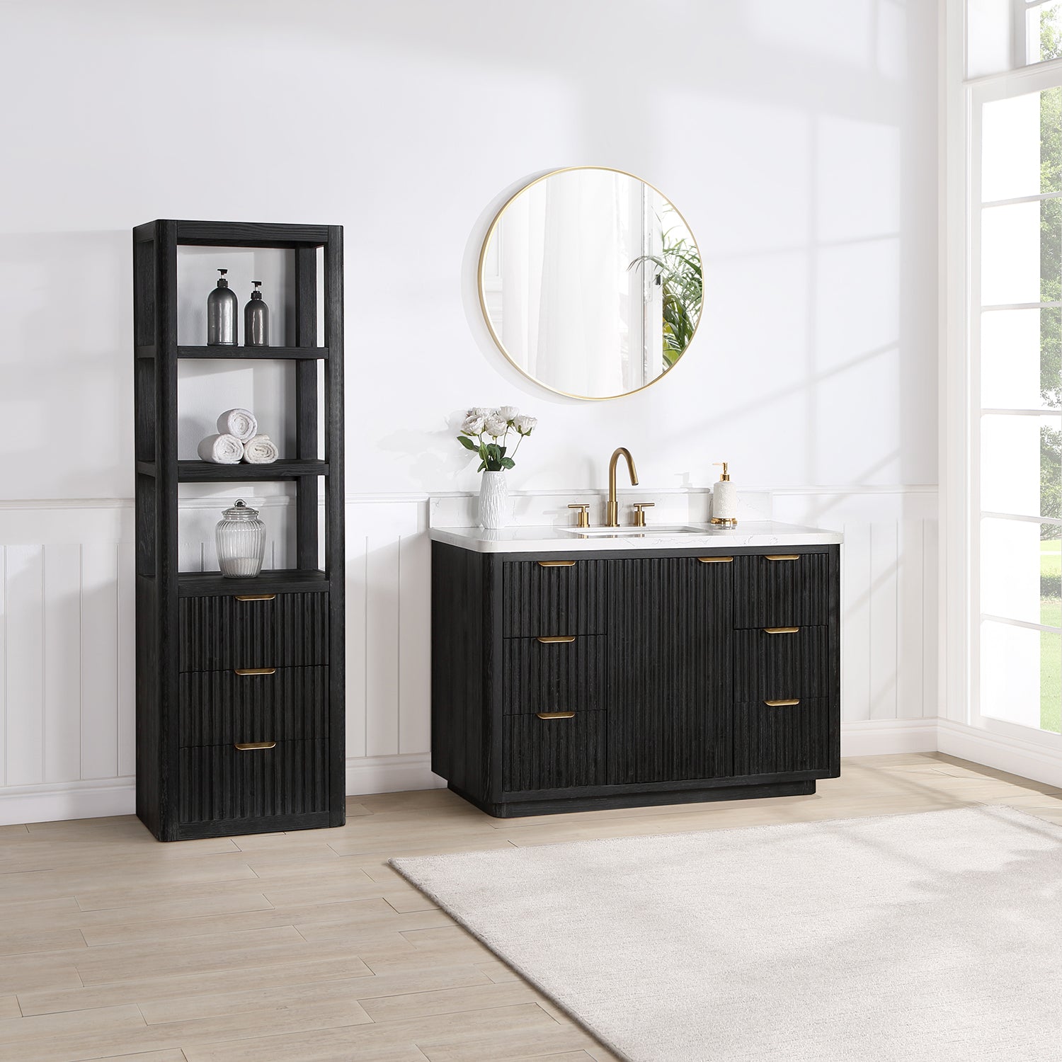 Cádiz 48in. Free-standing Single Bathroom Vanity in Fir Wood Black with Composite top in Lightning White