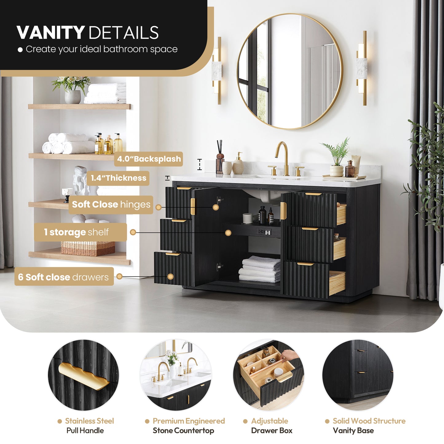 Cádiz 60" Free-standing Single Bathroom Vanity in Fir Wood Black and Mirror