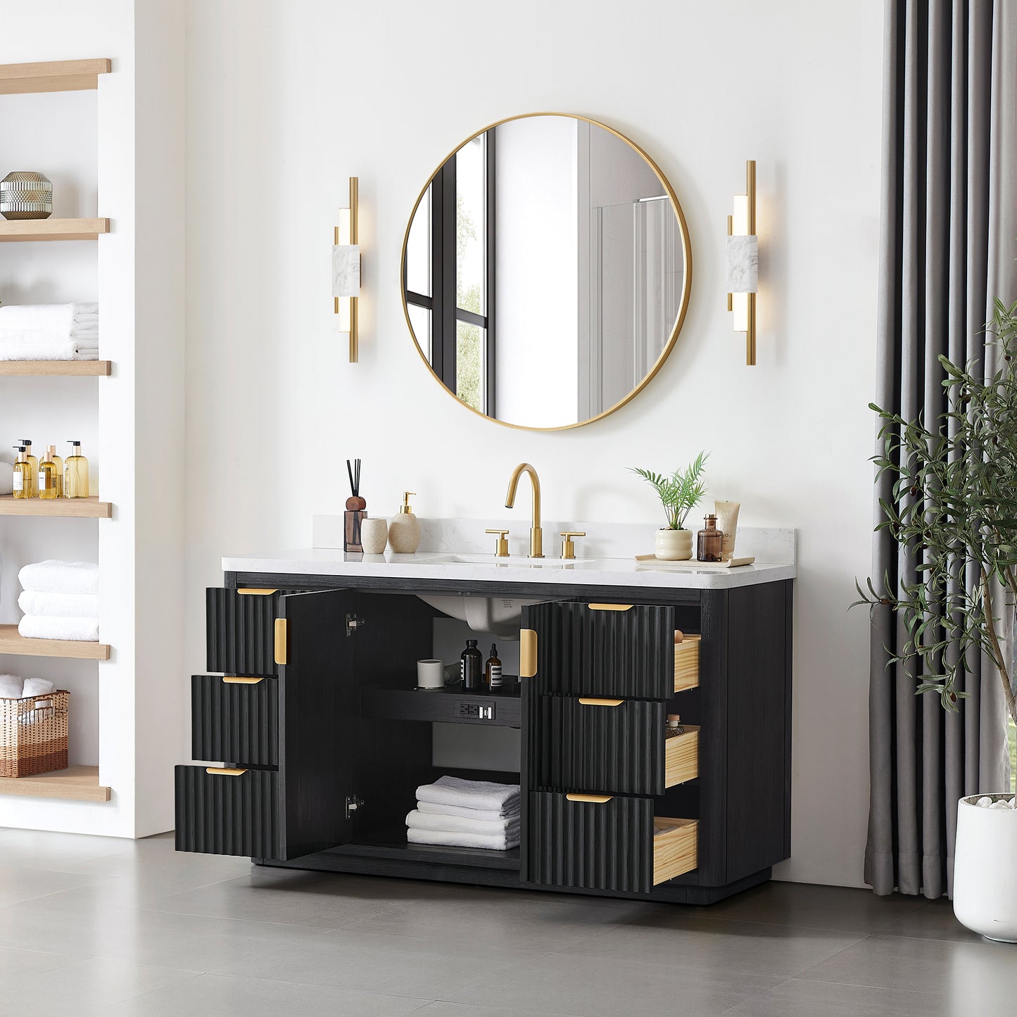 Cádiz 60" Free-standing Single Bathroom Vanity in Fir Wood Black and Mirror