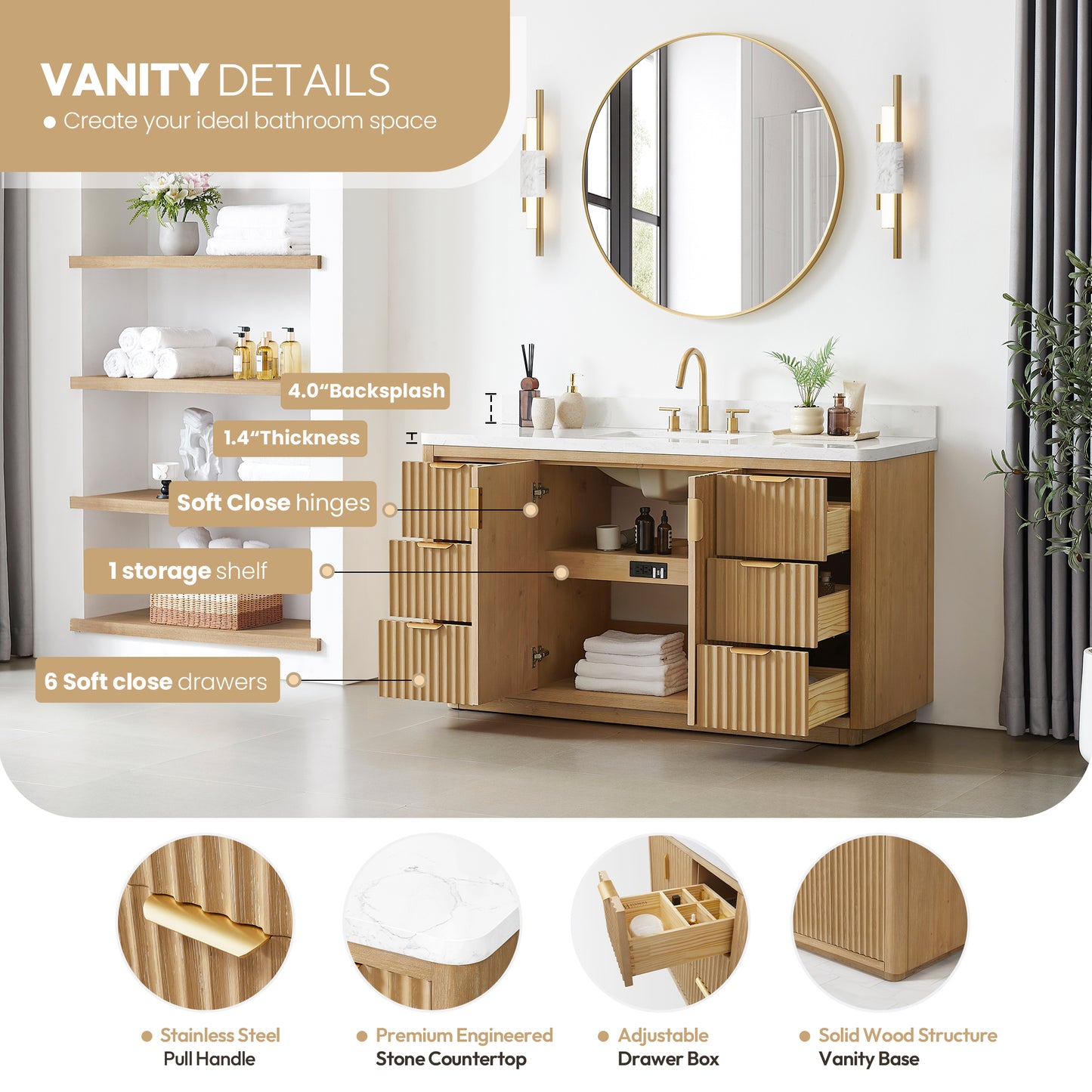 Cádiz 60" Free-standing Single Bathroom Vanity in Washed Ash Grey and Mirror