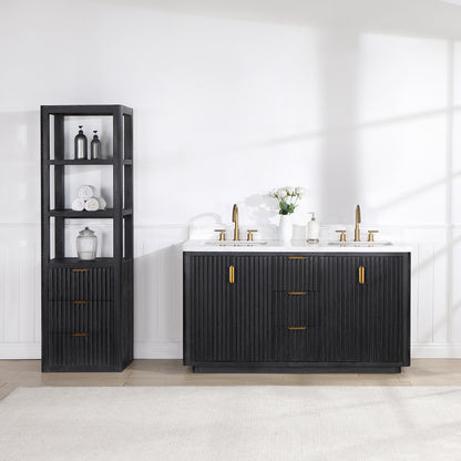 Cádiz 60in. Free-standing Double Bathroom Vanity in Fir Wood Black with Composite top in Lightning White