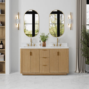 Open image in slideshow, Cádiz 60in. Free-standing Double Bathroom Vanity in Washed Ash Grey with Composite top in Lightning White
