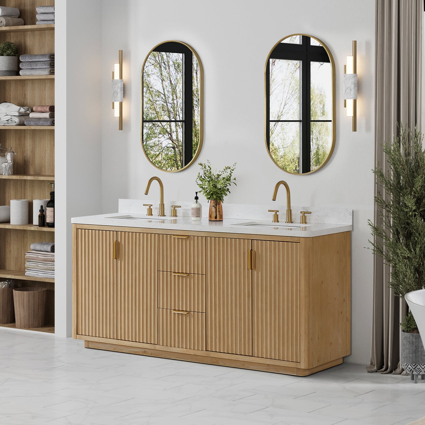 Cádiz 72in. Free-standing Double Bathroom Vanity in Washed Ash Grey with Composite top in Lightning White