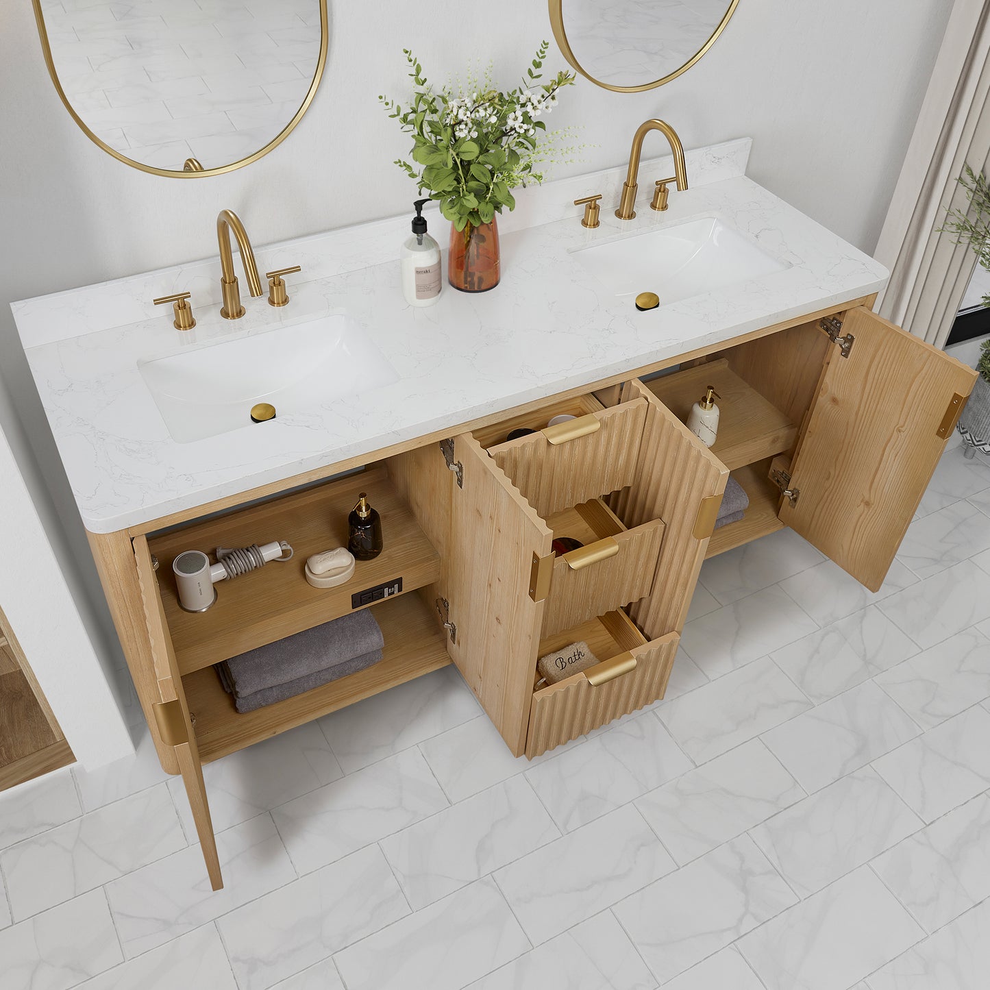 Cádiz 72in. Free-standing Double Bathroom Vanity in Washed Ash Grey with Composite top in Lightning White