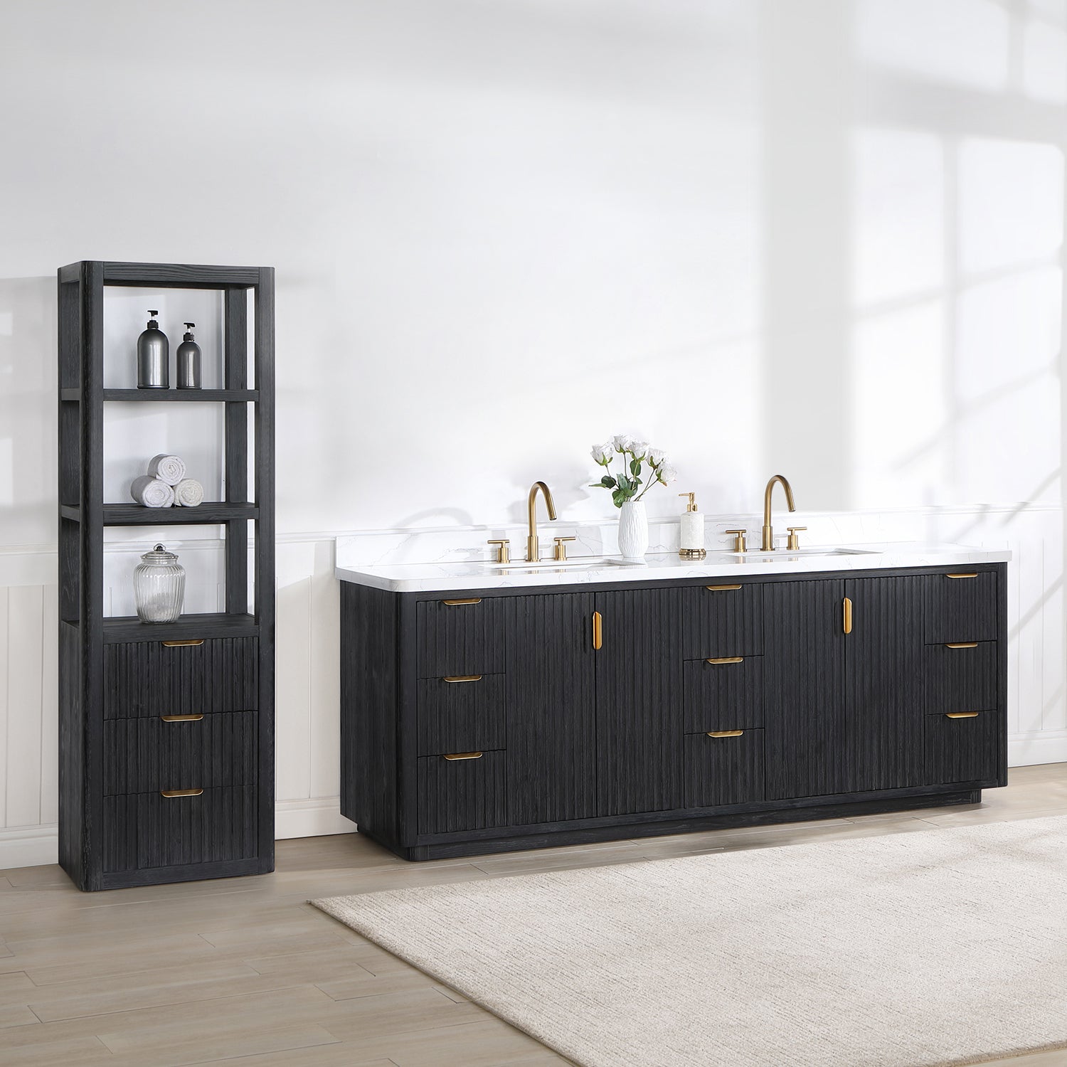 Cádiz 84in. Free-standing Double Bathroom Vanity in Fir Wood Black with Composite top in Lightning White