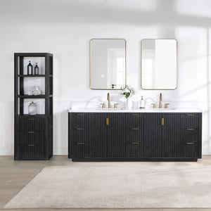 Open image in slideshow, Cádiz 84in. Free-standing Double Bathroom Vanity in Fir Wood Black with Composite top in Lightning White
