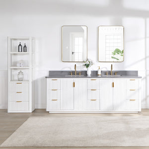 Open image in slideshow, Cádiz 84in. Free-standing Double Bathroom Vanity in Fir Wood White with Composite top in Reticulated Grey
