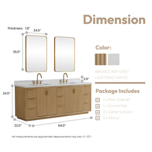 Cádiz 84in. Free-standing Double Bathroom Vanity in Washed Ash Grey with Composite top in Lightning White