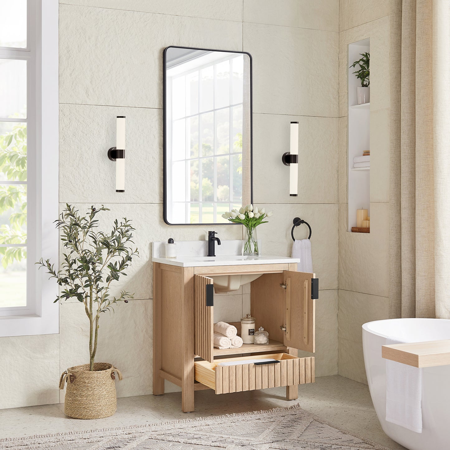 Shenzhen 30" Single Sink Bath Vanity in Aged Natural Oak
