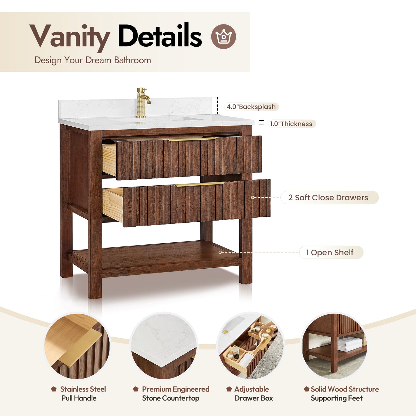 Vitre 36" Single Sink Bath Vanity in Aged Dark Brown Oak