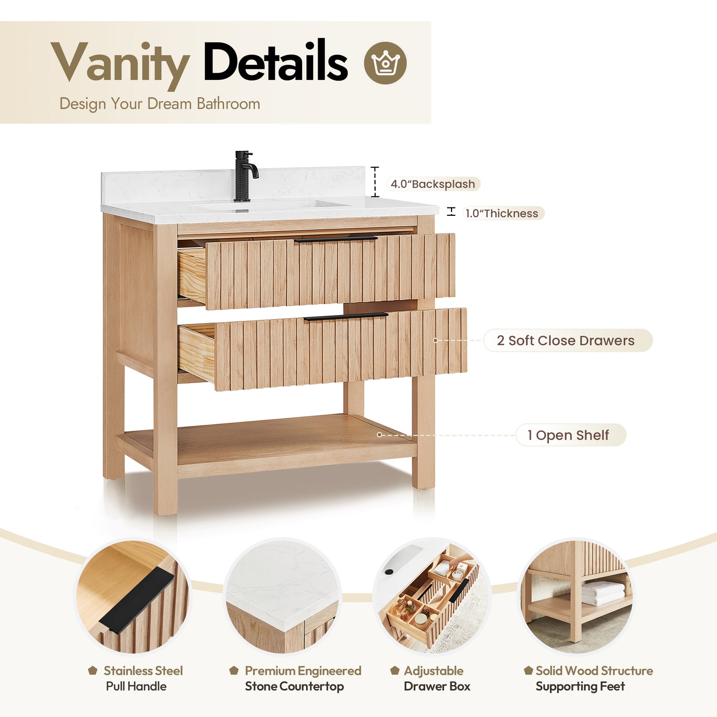 Vitre 36" Single Sink Bath Vanity in Aged Natural Oak