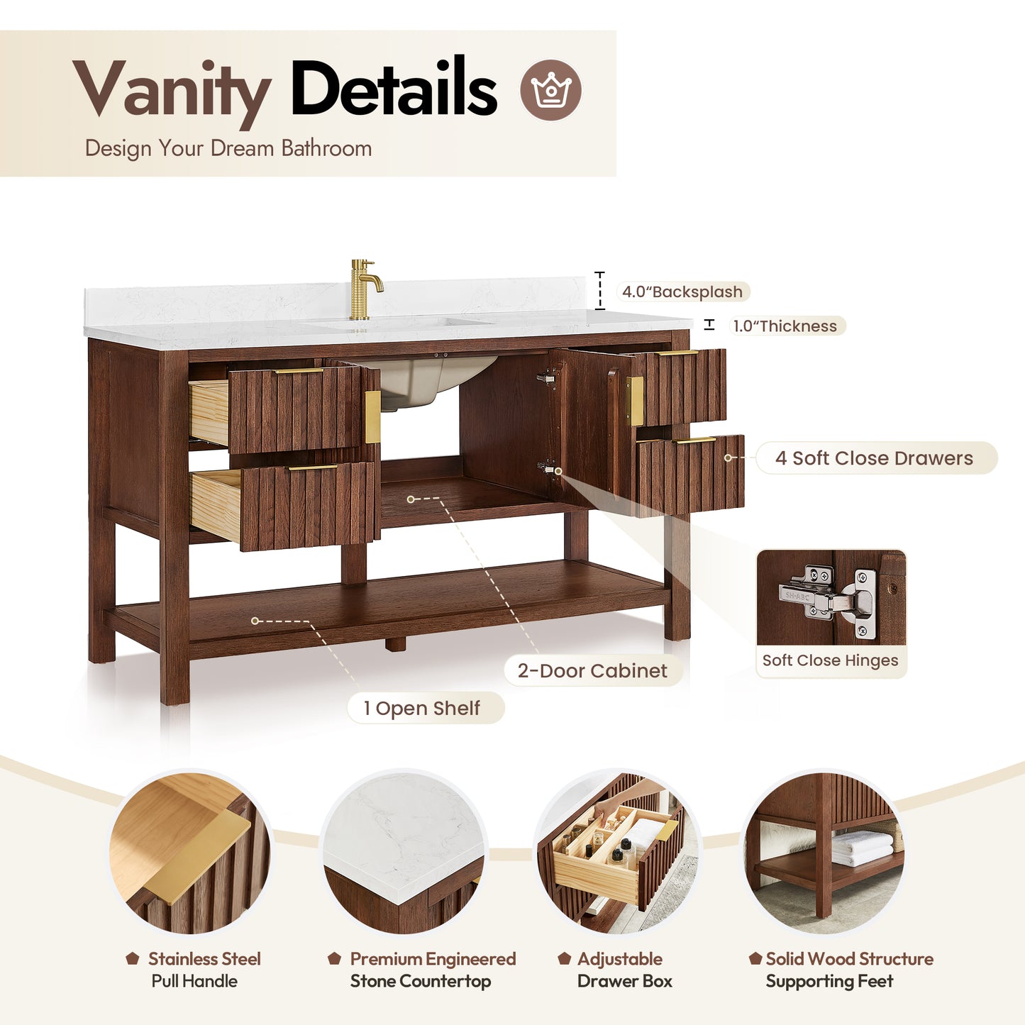 Vitre 60" Single Sink Bath Vanity in Aged Dark Brown Oak