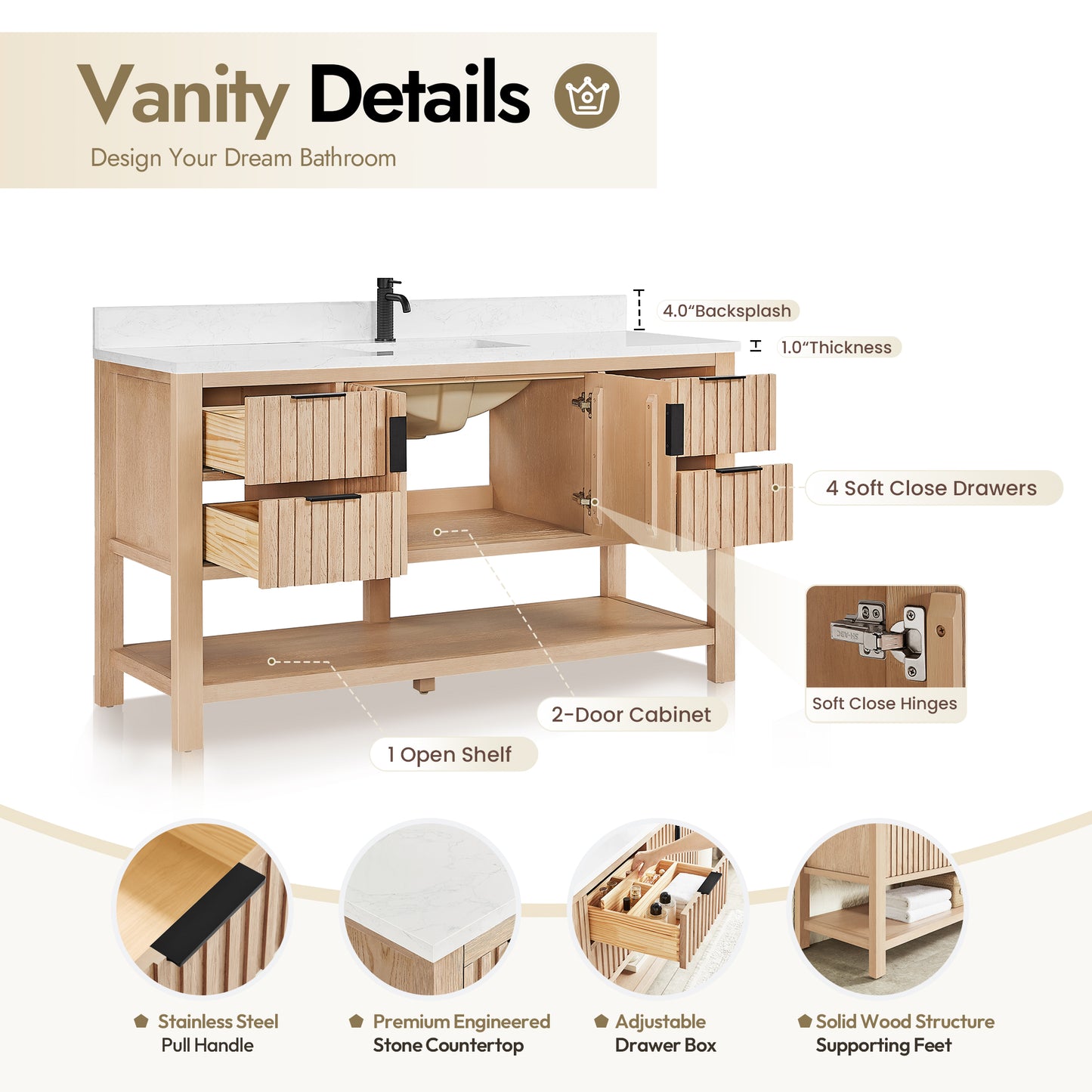 Vitre 60" Single Sink Bath Vanity in Aged Natural Oak