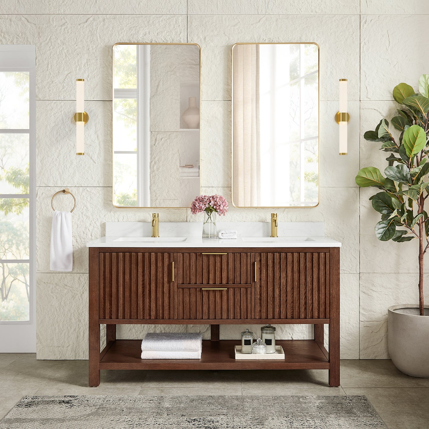 Vitre 60M" Double Sink Bath Vanity in Aged Dark Brown Oak