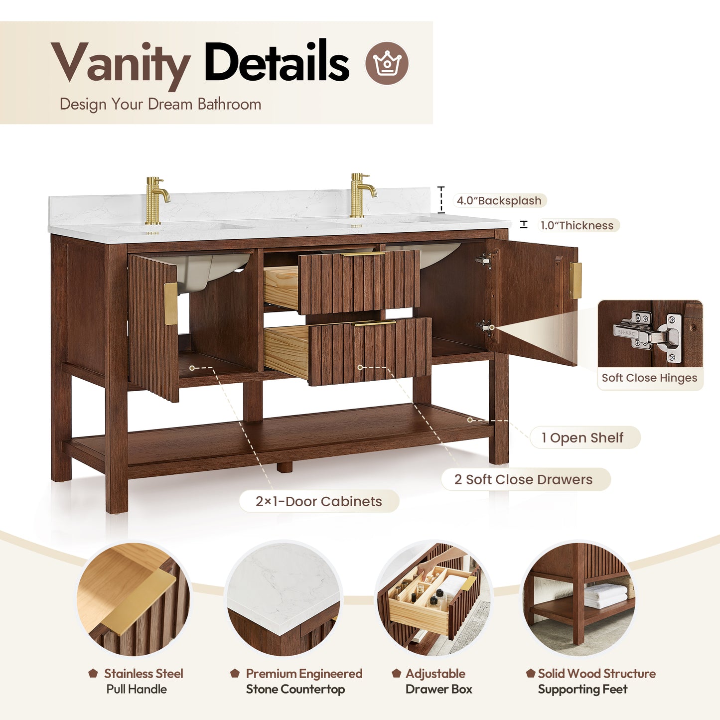 Vitre 60M" Double Sink Bath Vanity in Aged Dark Brown Oak