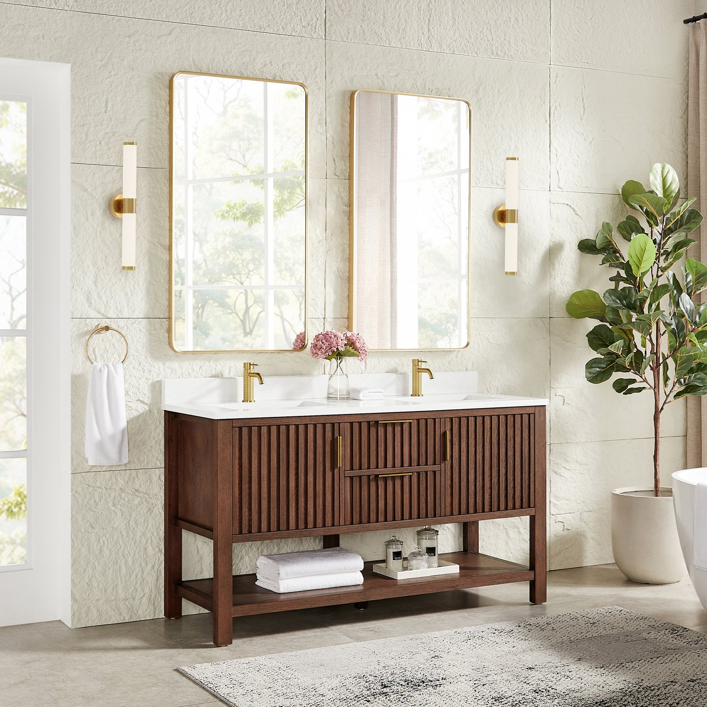 Vitre 60M" Double Sink Bath Vanity in Aged Dark Brown Oak