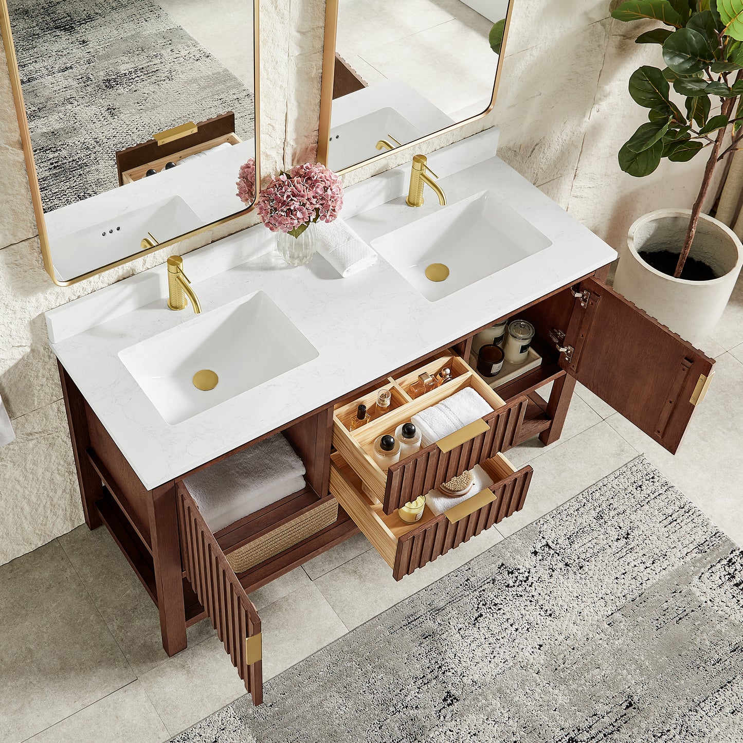Vitre 60M" Double Sink Bath Vanity in Aged Dark Brown Oak
