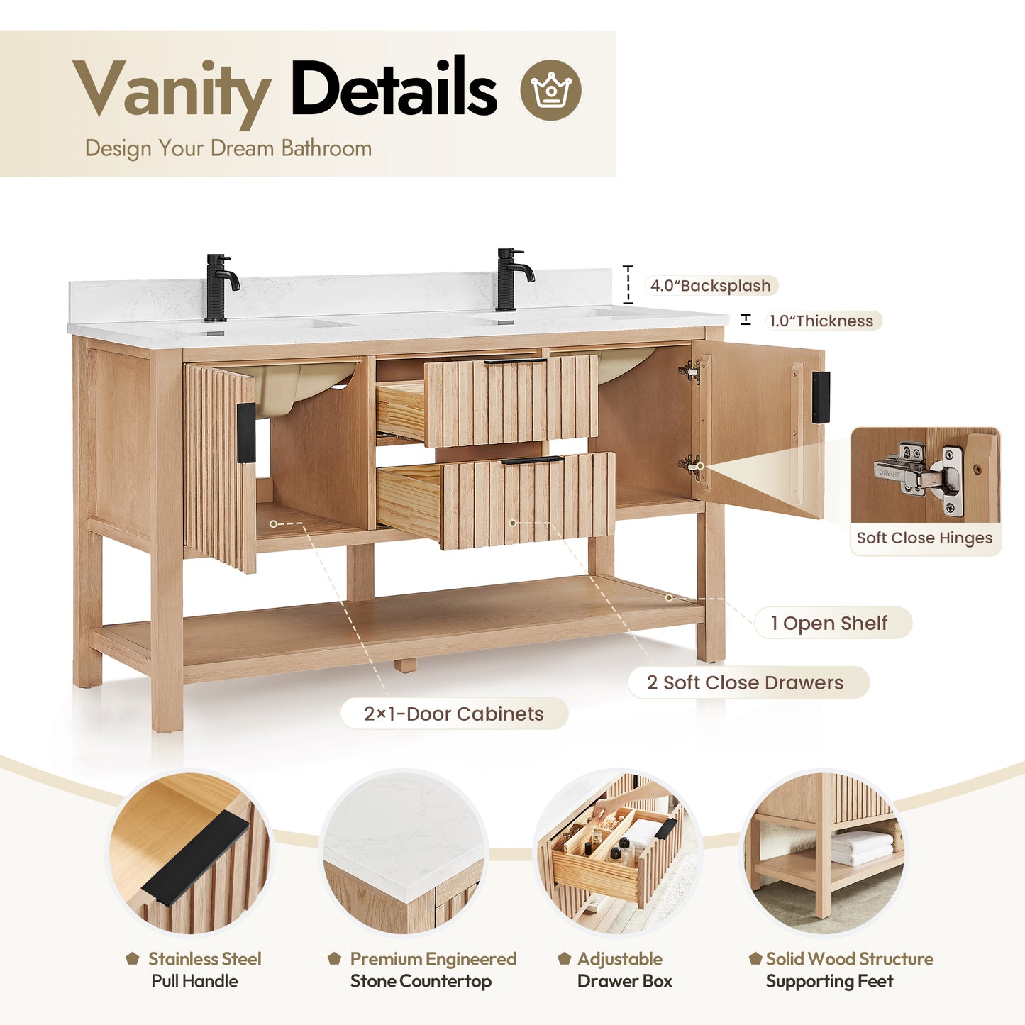 Vitre 60M" Double Sink Bath Vanity in Aged Natural Oak