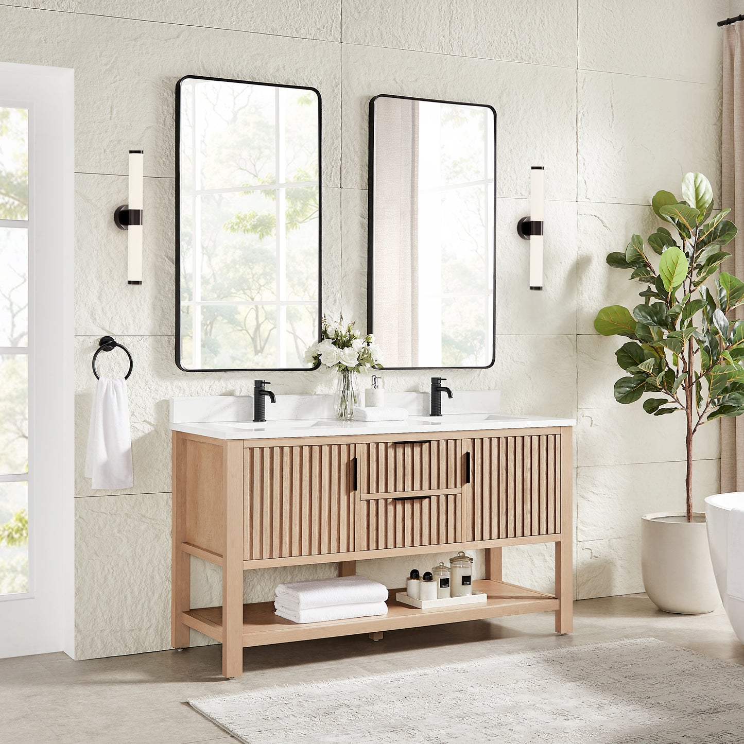Vitre 60M" Double Sink Bath Vanity in Aged Natural Oak