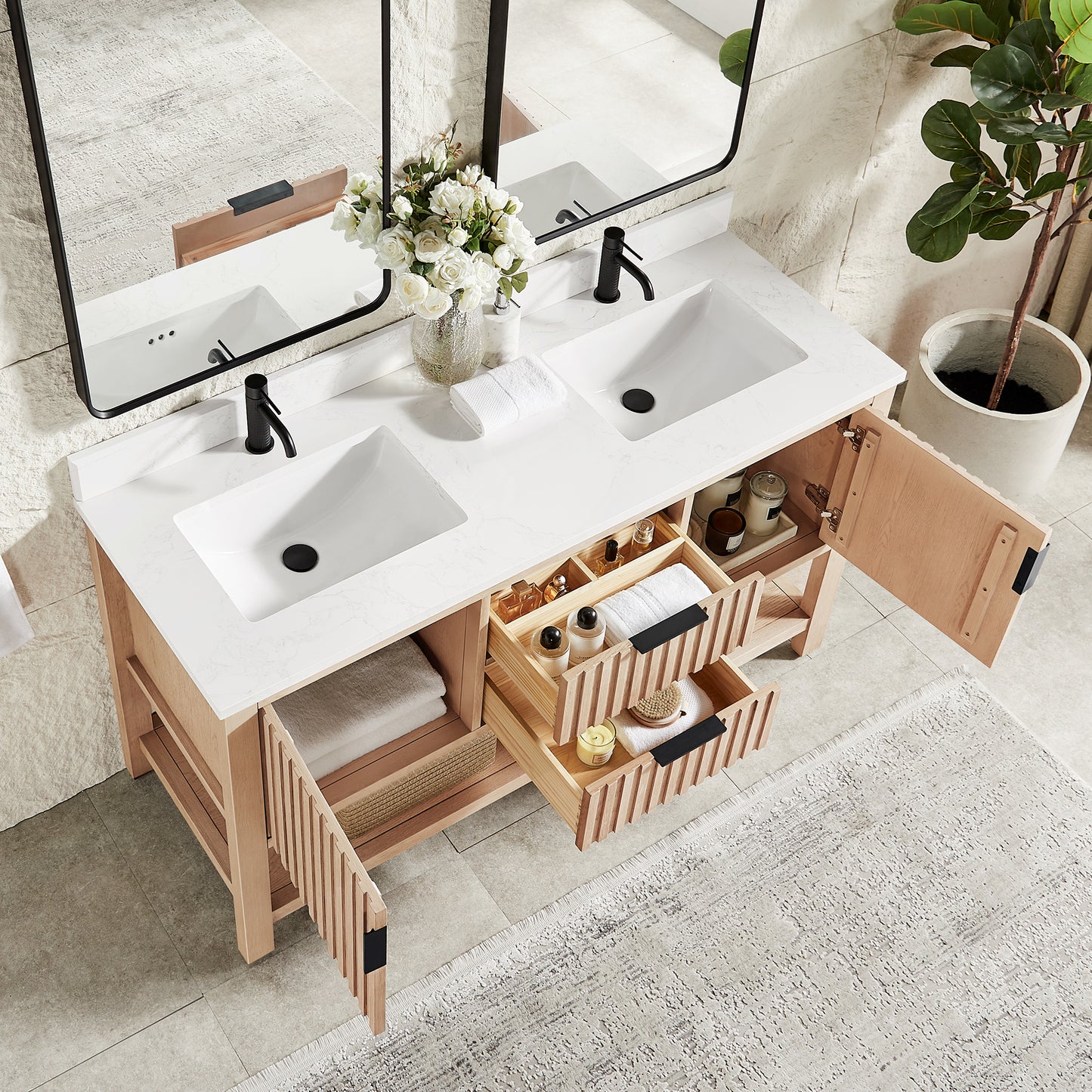 Vitre 60M" Double Sink Bath Vanity in Aged Natural Oak