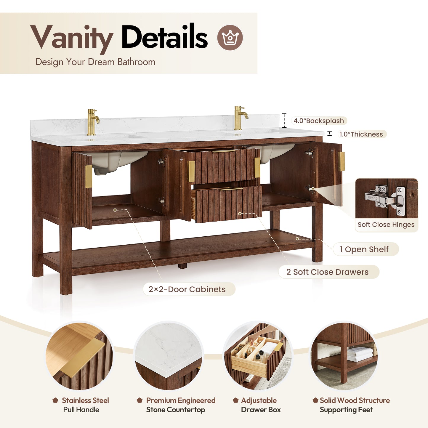 Vitre 72" Double Sink Bath Vanity in Aged Dark Brown Oak
