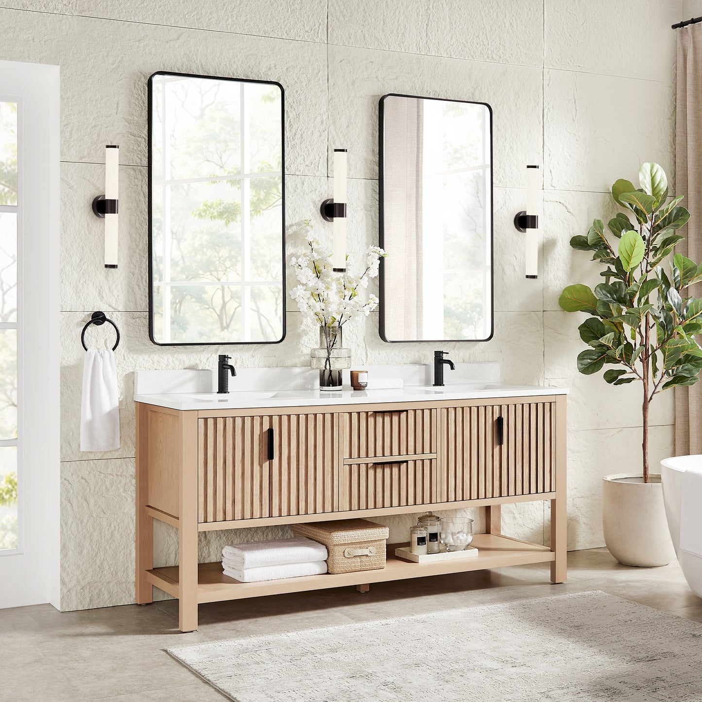 Vitre 72" Double Sink Bath Vanity in Aged Natural Oak
