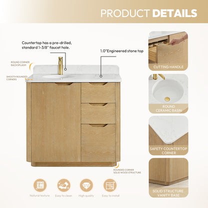 Abuja 36" Free-standing Single Bath Vanity in Washed Ash Grey with White Grain Stone Top