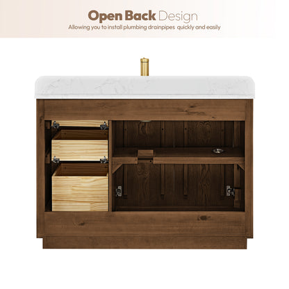 Abuja 48" Free-standing Single Bath Vanity in Oak Weathered Brown with White Grain Stone Top