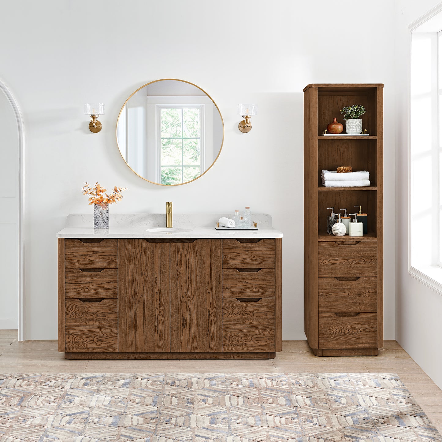 Abuja 60" Free-standing Single Bath Vanity in Oak Weathered Brown with White Grain Stone Top