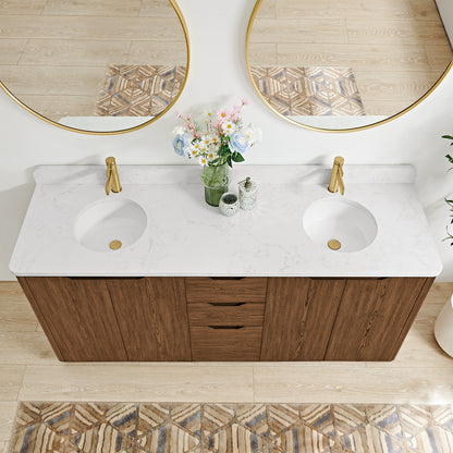 Abuja 72" Free-standing Double Bath Vanity in Oak Weathered Brown with White Grain Stone Top