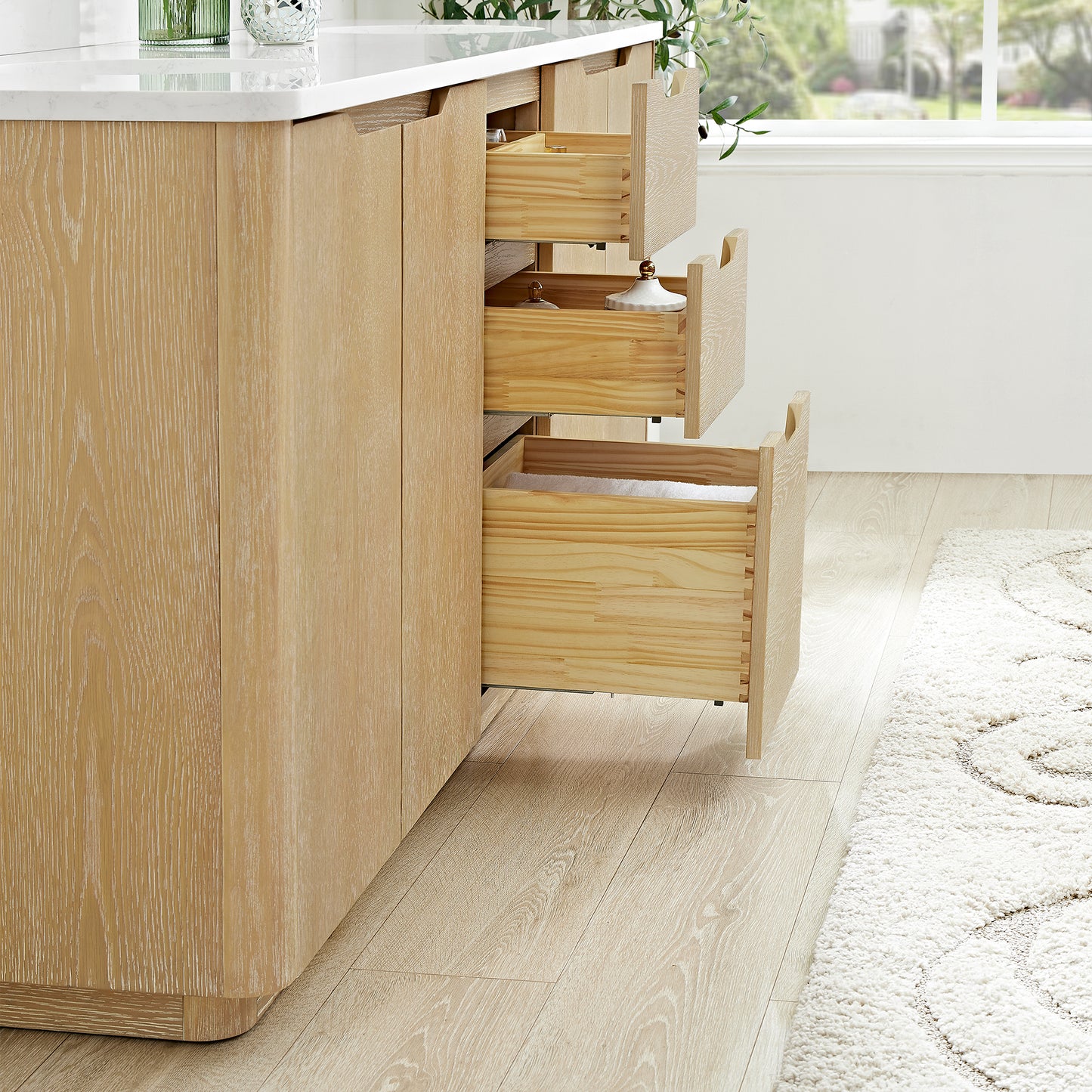 Abuja 72" Free-standing Double Bath Vanity in Washed Ash Grey with White Grain Stone Top