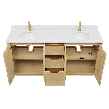 Abuja 72" Free-standing Double Bath Vanity in Washed Ash Grey with White Grain Stone Top