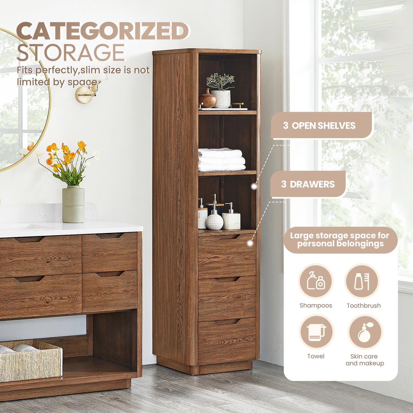 Harbin 20in. Oak Weathered Brown Storage Cabinet for Bathroom, Kitchen and Living Room