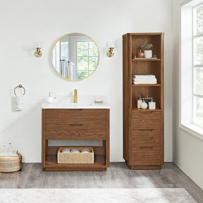 Harbin 36" Free-standing Single Bath Vanity in Oak Weathered Brown with White Grain Stone Top