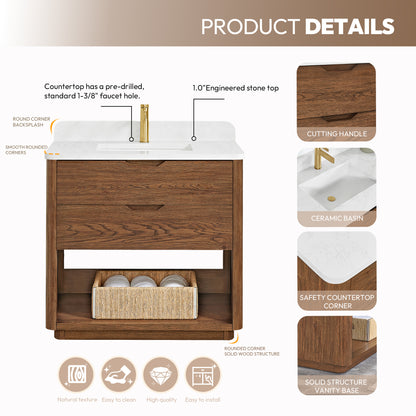 Harbin 36" Free-standing Single Bath Vanity in Oak Weathered Brown with White Grain Stone Top