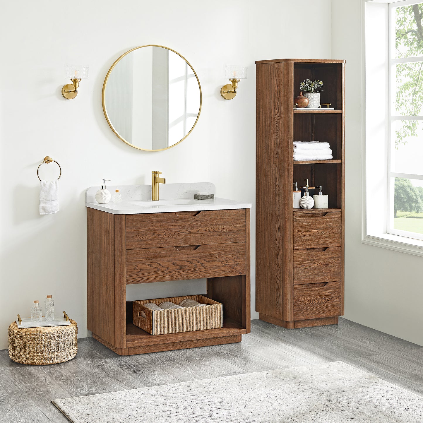 Harbin 36" Free-standing Single Bath Vanity in Oak Weathered Brown with White Grain Stone Top