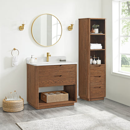 Harbin 36" Free-standing Single Bath Vanity in Oak Weathered Brown with White Grain Stone Top