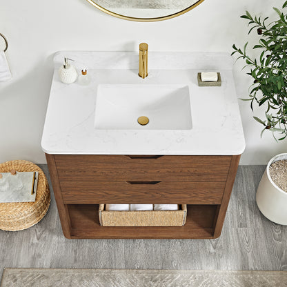 Harbin 36" Free-standing Single Bath Vanity in Oak Weathered Brown with White Grain Stone Top
