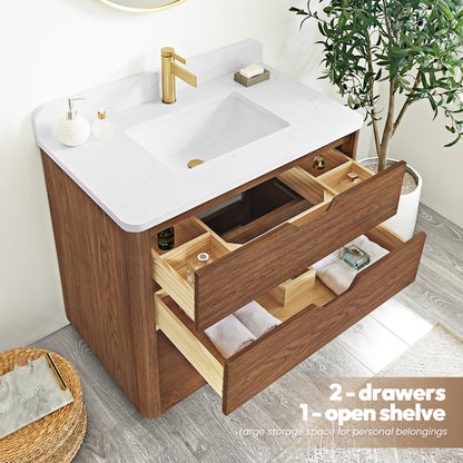 Harbin 36" Free-standing Single Bath Vanity in Oak Weathered Brown with White Grain Stone Top