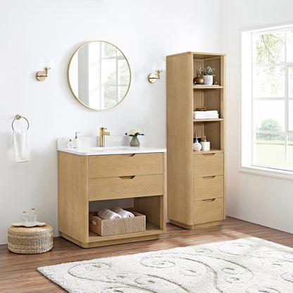 Harbin 36" Free-standing Single Bath Vanity in Washed Ash Grey with White Grain Stone Top