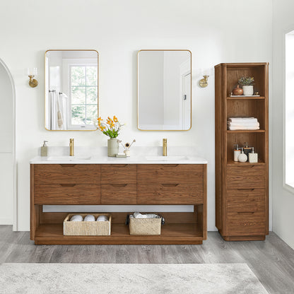Harbin 72" Free-standing Double Bath Vanity in Oak Weathered Brown with White Grain Stone Top