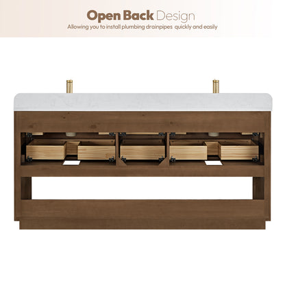 Harbin 72" Free-standing Double Bath Vanity in Oak Weathered Brown with White Grain Stone Top