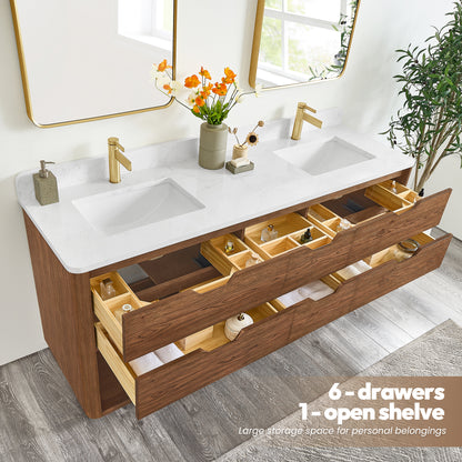 Harbin 72" Free-standing Double Bath Vanity in Oak Weathered Brown with White Grain Stone Top