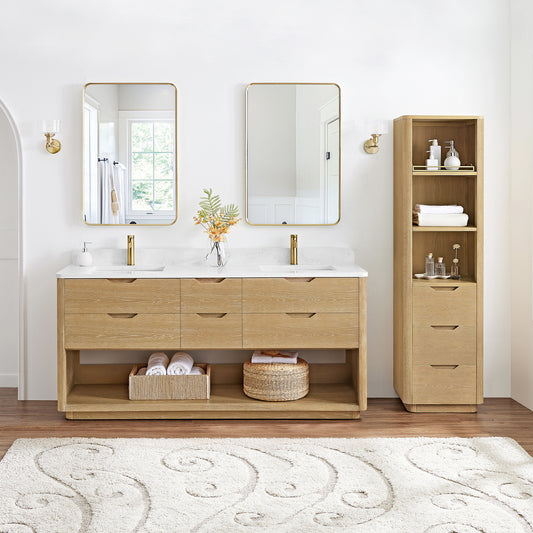 Harbin 72" Free-standing Double Bath Vanity in Washed Ash Grey with White Grain Stone Top