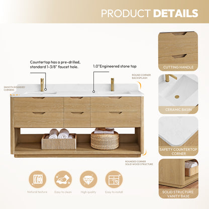 Harbin 72" Free-standing Double Bath Vanity in Washed Ash Grey with White Grain Stone Top
