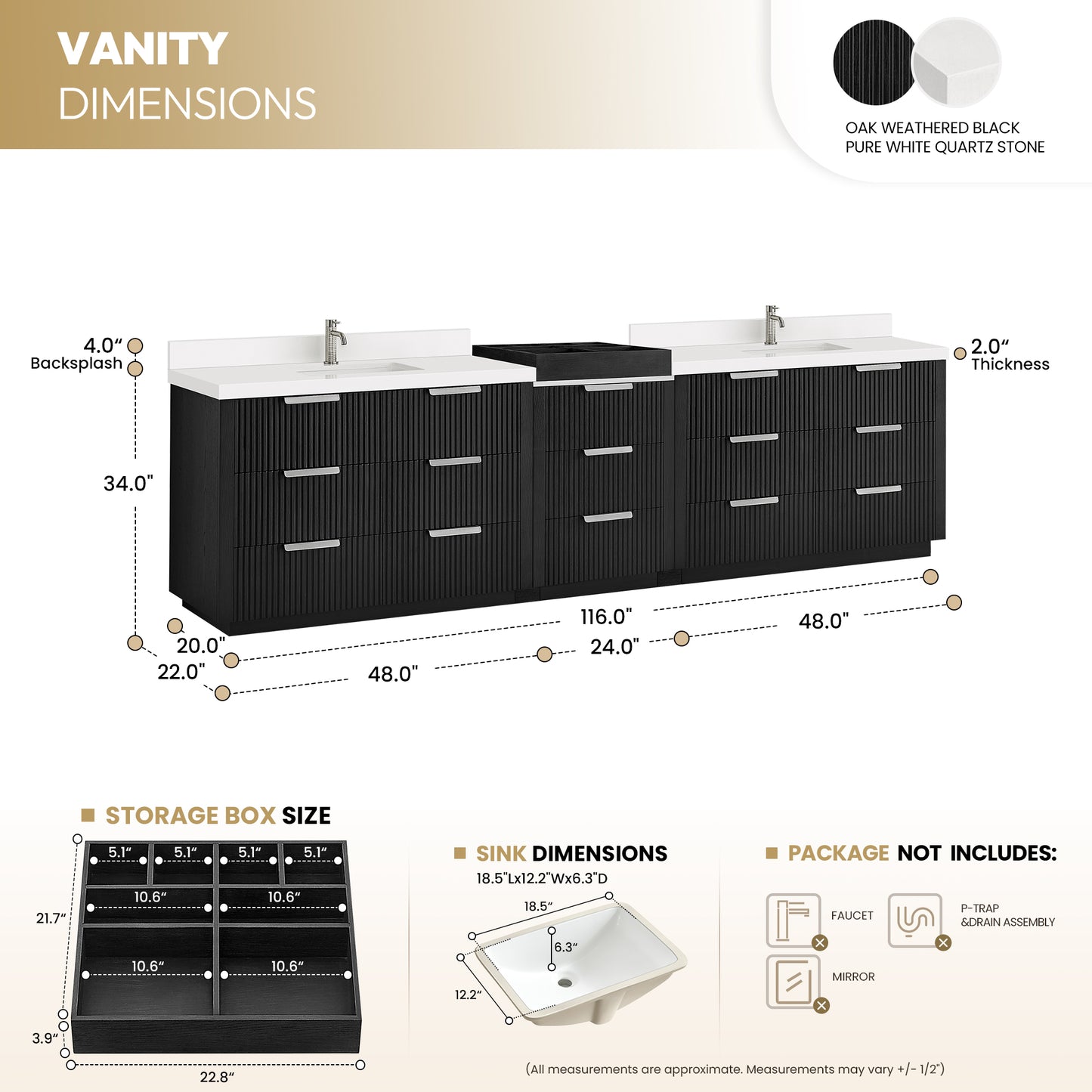 Santarem 120" Combined Double Bath Vanity in Oak Weathered Black