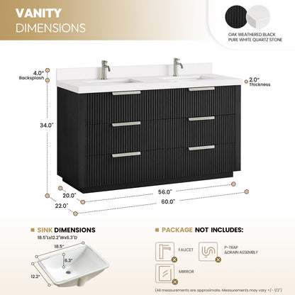 Santarem 60M" Double Bath Vanity in Oak Weathered Black