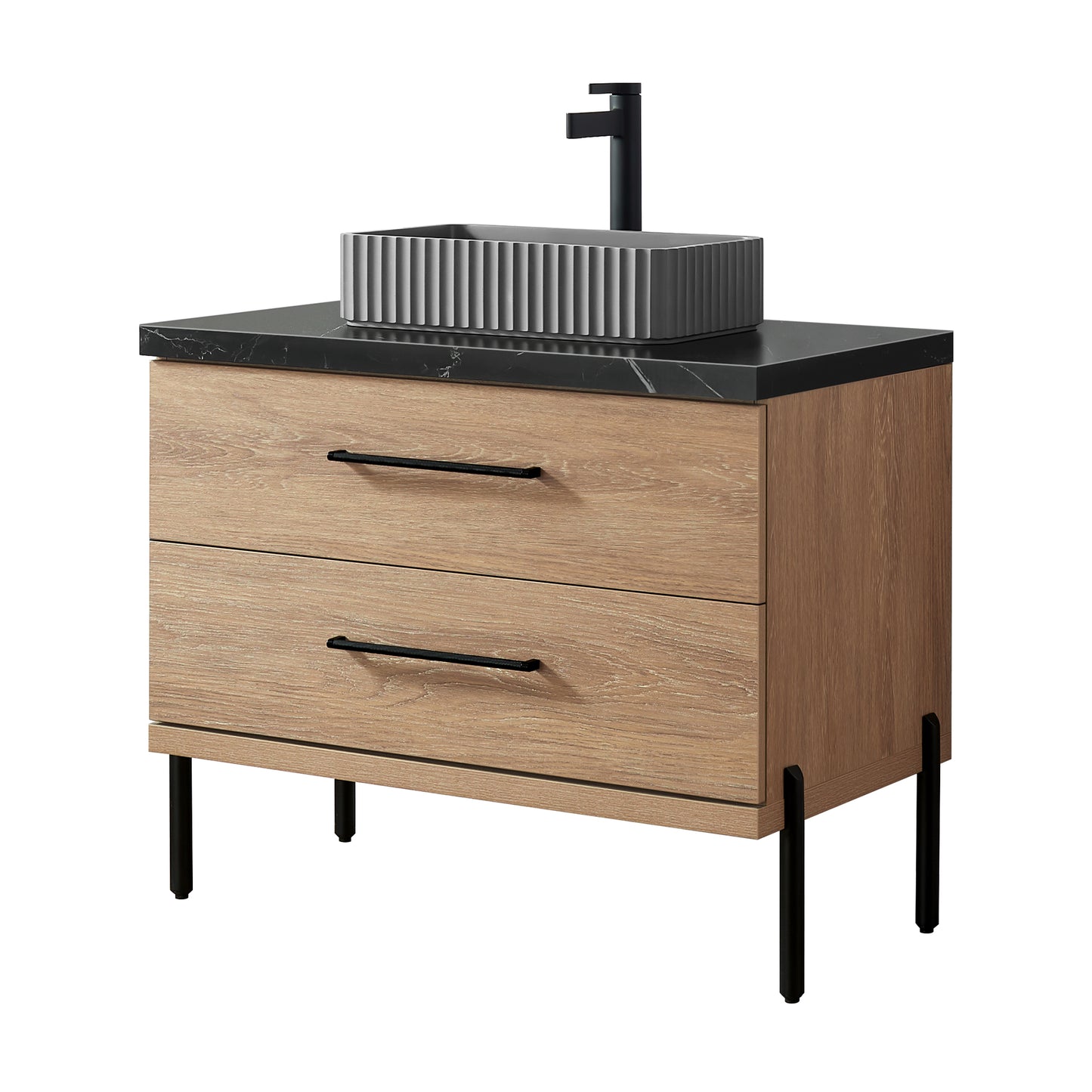 Trento 36A" Single Sink Bath Vanity in North American Oak with Black Sintered Stone Top and Rectangular Concrete Sink