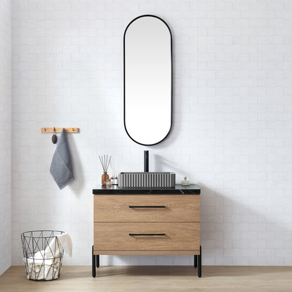 Trento 36A" Single Sink Bath Vanity in North American Oak with Black Sintered Stone Top and Rectangular Concrete Sink